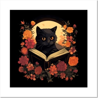 Floral Black Cat And Book Catshirt Posters and Art